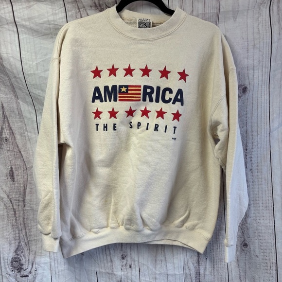 Vintage America Cream Long Sleeve Sweater with Red Star Design Patriotic Medium - Picture 1 of 8